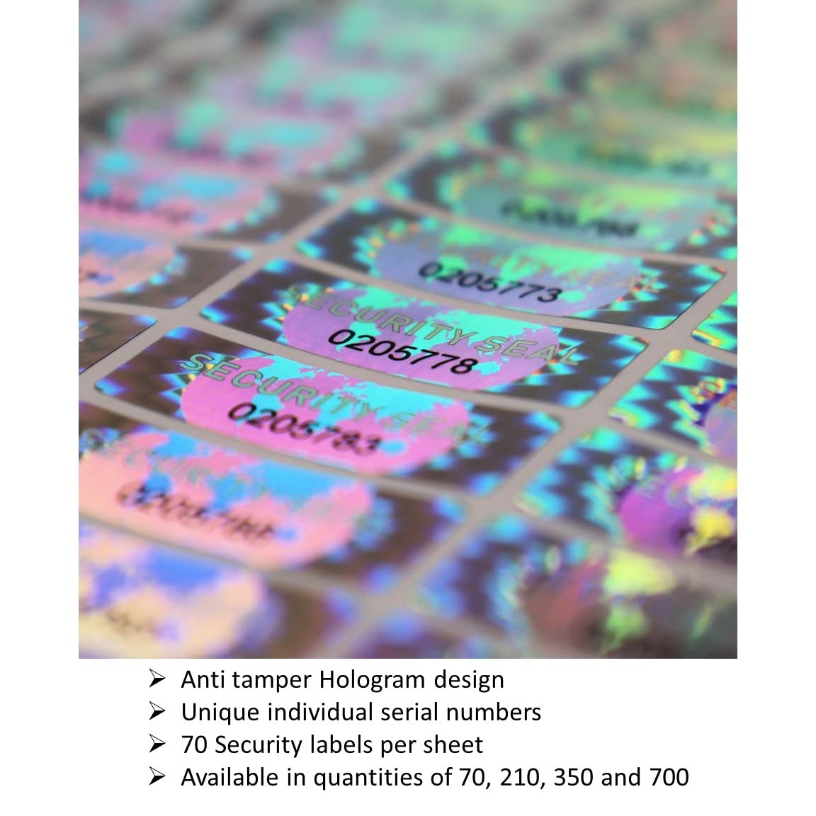 70 Hologram Tamper Evident, Tamper Proof Stickers. Security Seal. Individual Serial Numbers. Tamper Foil Tape Labels. Destroyed Upon Removal with Residual Text Left on Item.… (70 Stickers) 70 Stickers