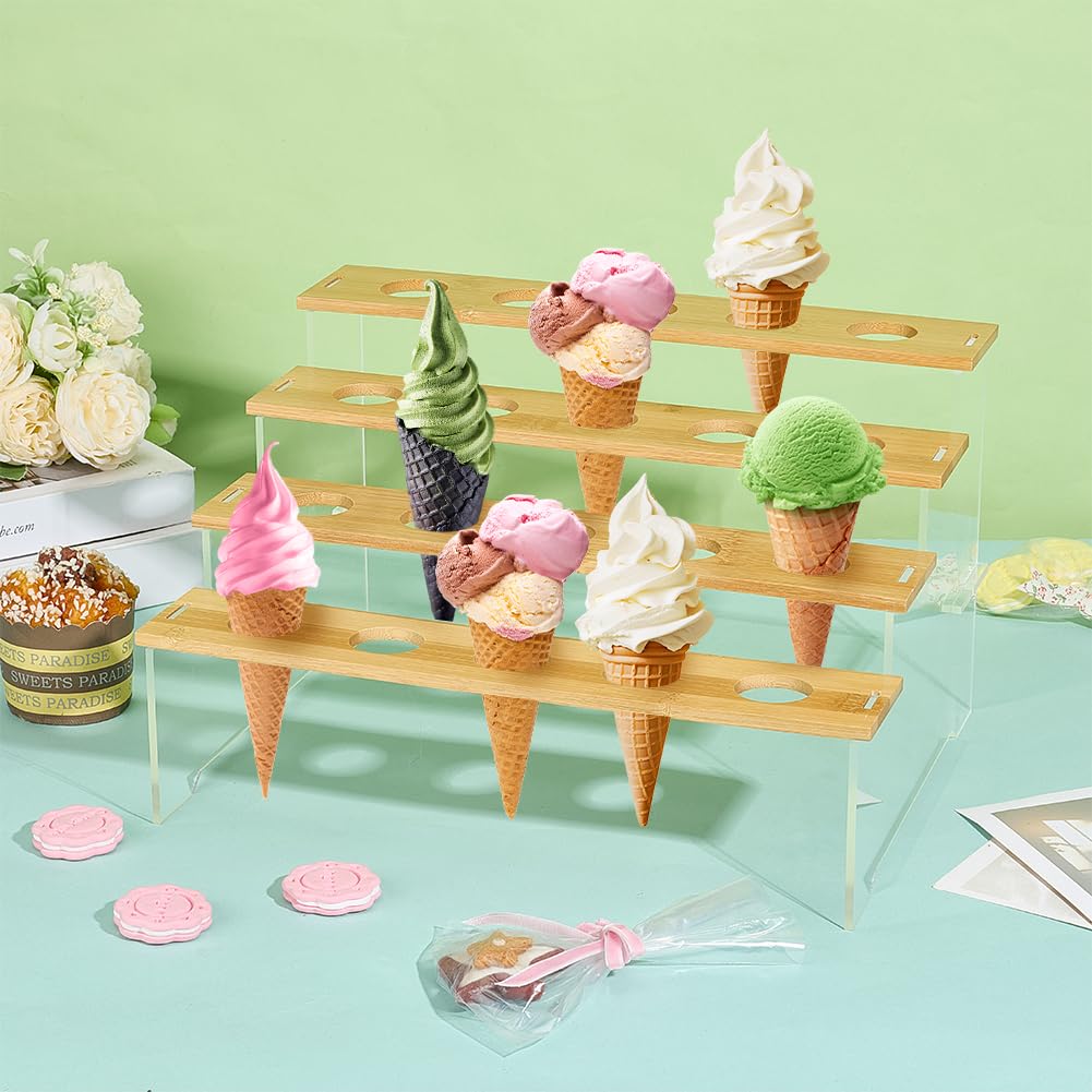 UNICRAFTALE 4-Layer 20-Hole Acrylic Ice Cream Stand Wooden Dessert Rack Waffle Cone Displaying Stand for Ice Cream Sweets and Party Food Display 12.99x9.92x7.76Inch