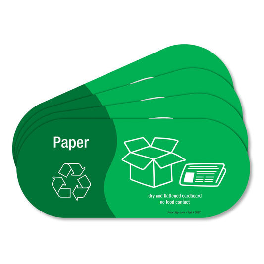 SmartSign (Pack of 4) 3.75 x 9 inch “Paper - Dry and Flattened, No Food Contact” Recycling Sticker Labels with Symbols, 5 mil Laminated Polyester with SuperStick Adhesive, Green and White 3.75" X 9"_paper