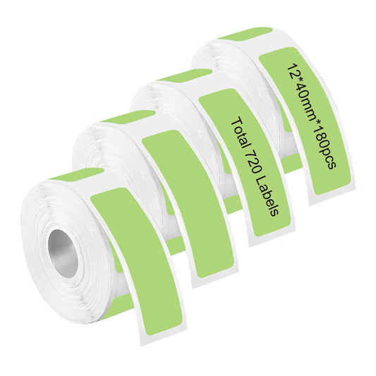 Label Maker Tape Black on Lime Green Sticker Thermal Paper Self-Adhesive Label, 12 x 40 mm (1/2 X 1 1/2 Inch) 180 Tapes/Roll, 4 Rolls 720Labels Pure Small Rectangle Thermal Label