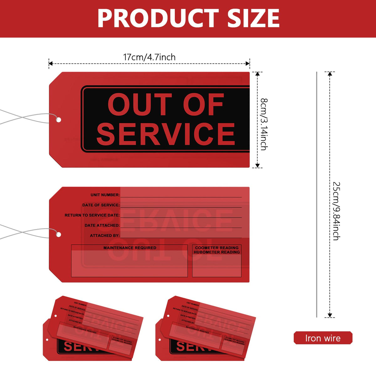 Out of Service Tags,100-pk Red Repair Tags with Wires Attached,Tear & Water Resistant PVC-Plastic,Maintenance Repair Tags,Weather Proof