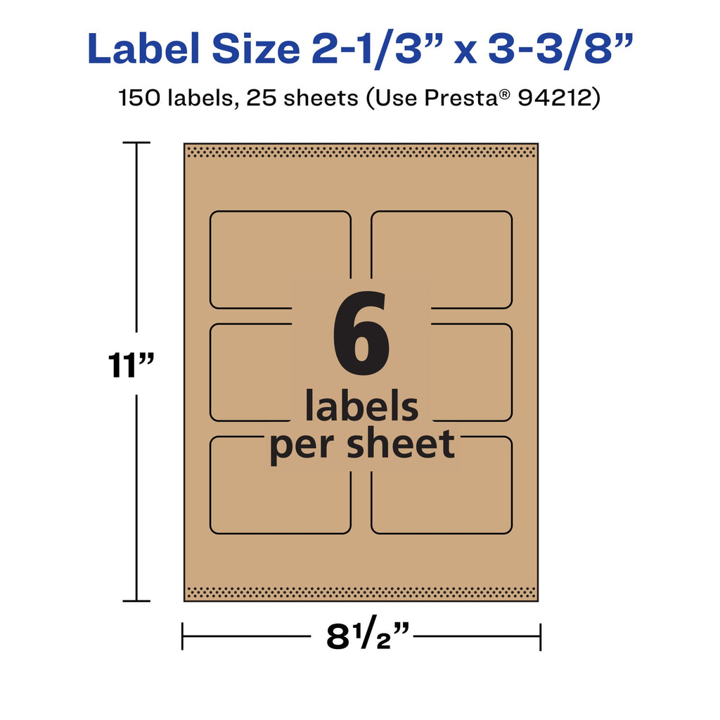 Avery® Kraft Brown Rectangle Labels, Sure Feed® Technology, 2-1/3" x 3-3/8", 150 Kraft Brown Labels, Print-to-The-Edge, Laser/Inkjet Printable 150 labels