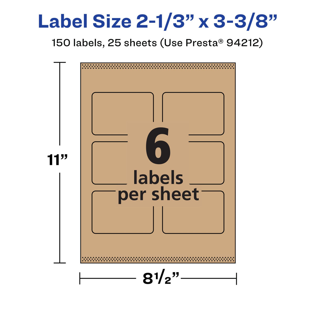 Avery® Kraft Brown Rectangle Labels, Sure Feed® Technology, 2-1/3" x 3-3/8", 150 Kraft Brown Labels, Print-to-The-Edge, Laser/Inkjet Printable 150 labels