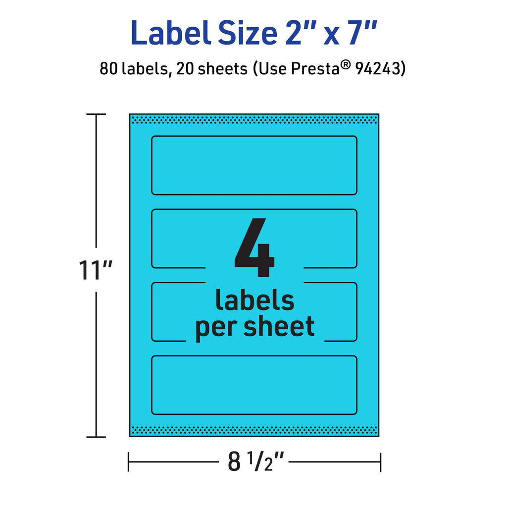 Avery Printable Rectangle Labels, Sure Feed Technology, 2" x 7", Bright Blue Labels, Print-to-The-Edge, Laser/Inkjet Printable, 80 Total, Great for Candles and Jars 80 labels
