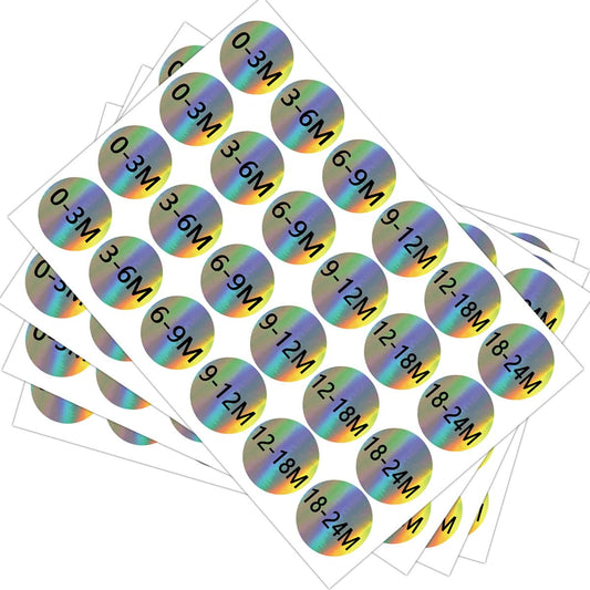 Baby Size Labels, 0.8 Inch Round Self Adhesive Size Stickers, 3024 Labels (0-3, 3-6, 6-9, 9-12, 12-18, 18-24 Months) for Retail Store Clothing Apparel Baby Clothes