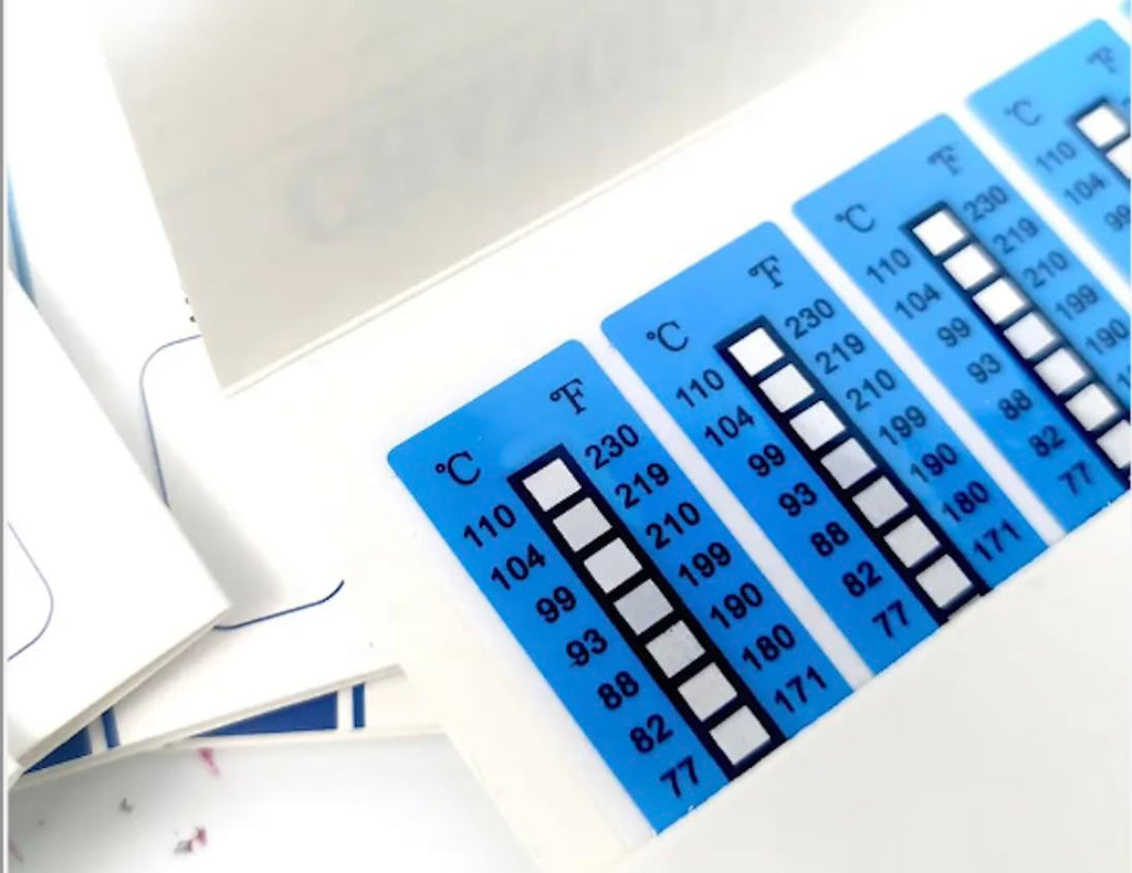 Blue High Temperature Measurement Sticker showing temperature range from 129°F to 230°F, used as a temperature indicator.