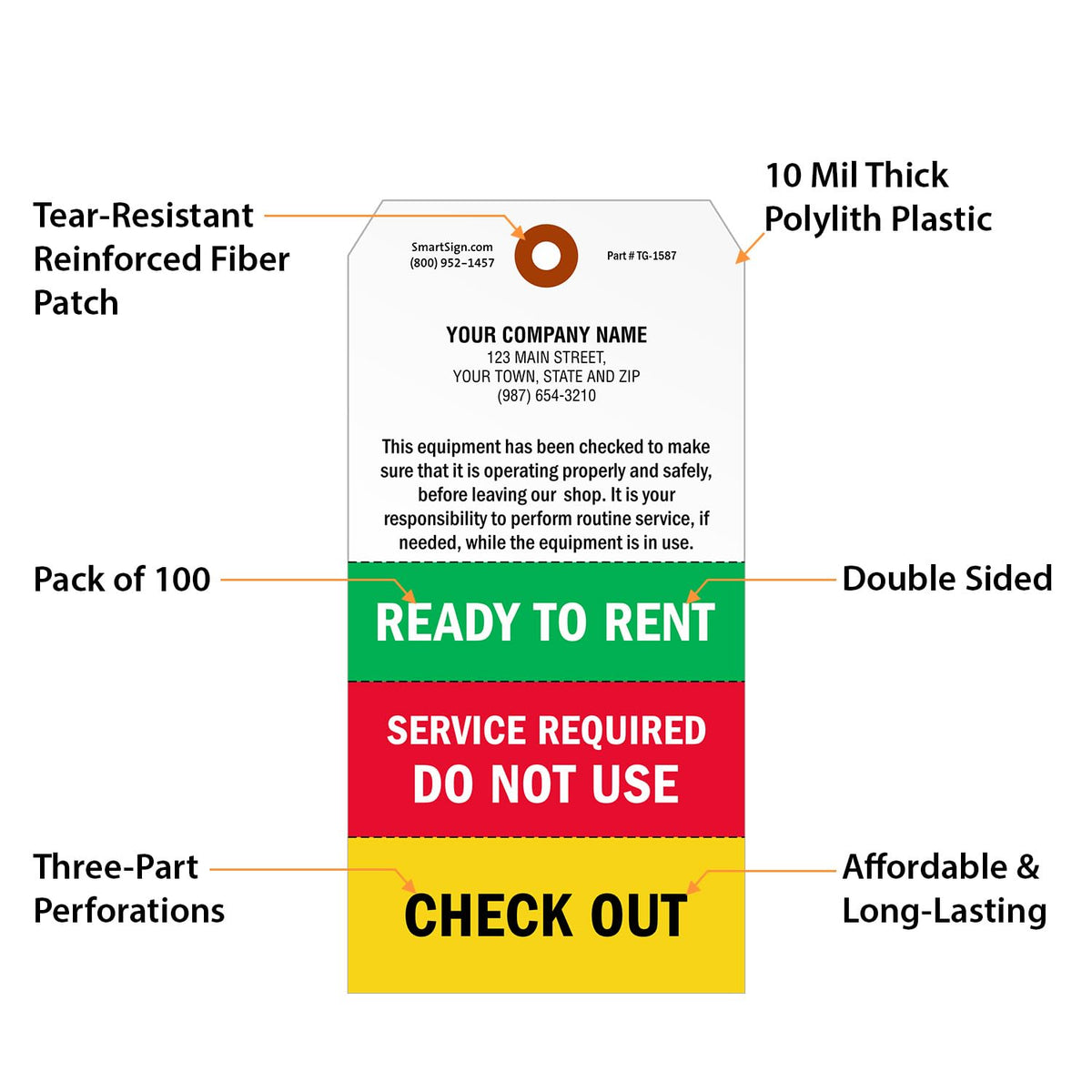 SmartSign "Ready to Rent" Two-Sided Tags with Tear-Off Stubs - Pack of 100 | 6.25" x 3.125" Polylith Plastic, 10 mil