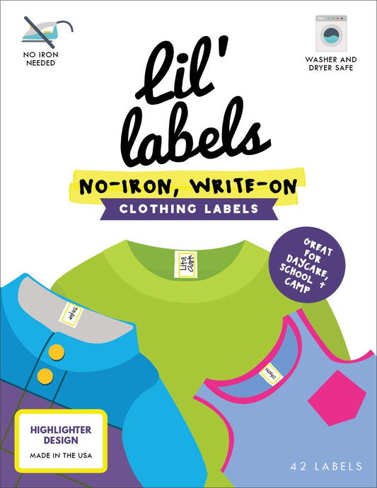 Clothing Labels, Name Labels, Washer and Dryer Safe, No-Iron, Labels for Daycare, Washable, Write-On, Made in The USA, Highlighter" Design, Set of 1 "Highlighter", Set of 1