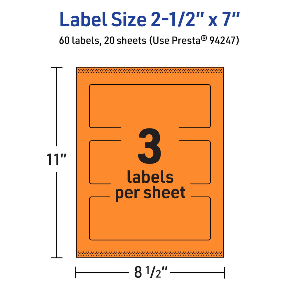 Avery Printable Rectangle Labels, Sure Feed Technology, 2-1/2" x 7", Bright Orange Labels, Print-to-The-Edge, Laser/Inkjet Printable, 60 Total, Great for Candles and Jars 60 labels
