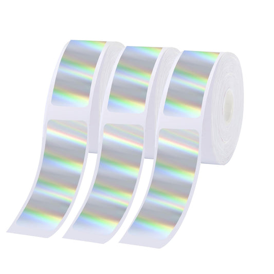 Holographic Silver Label Compatible with P50/P11/P12/P15, 3 Rolls Rainbow Thermal Label Sticker 0.55”x1.57”(14x40mm) Multi-Purpose Self-Adhesive Thermal, Waterproof, Oil-Proof Label Maker Tape 14*40mm Laser
