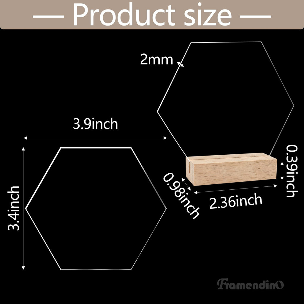 Framendino, 10 Pack Hexagon Acrylic Table Sign with Wood Stand DIY Wedding Signs Blank Holder Numbers Base for Party Decor