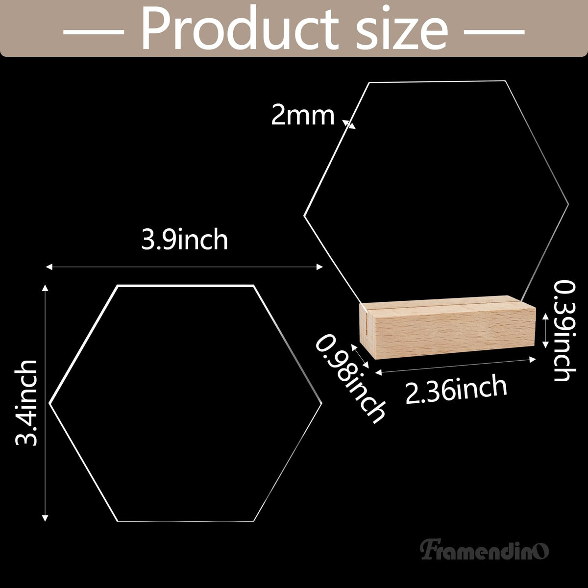 Framendino, 10 Pack Hexagon Acrylic Table Sign with Wood Stand DIY Wedding Signs Blank Holder Numbers Base for Party Decor