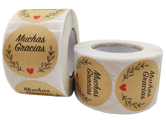 Kraft 1.5" Spanish Muchas Gracias Thank You Stickers Roll 1000Pcs, Packaging for Small Business