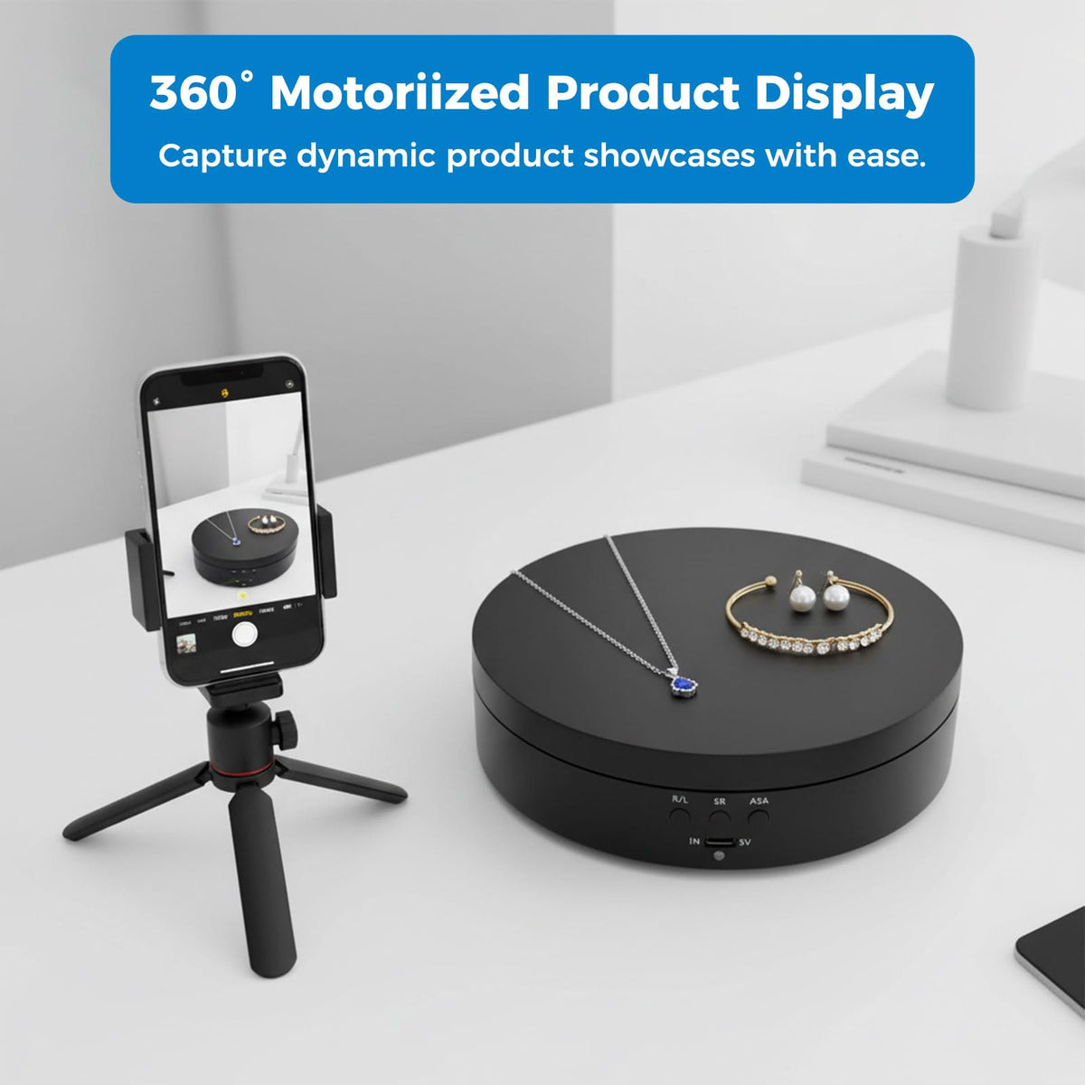 Denpetec Motorized Rotating Display Stand, 360 Degree Electric Turntable Matte
