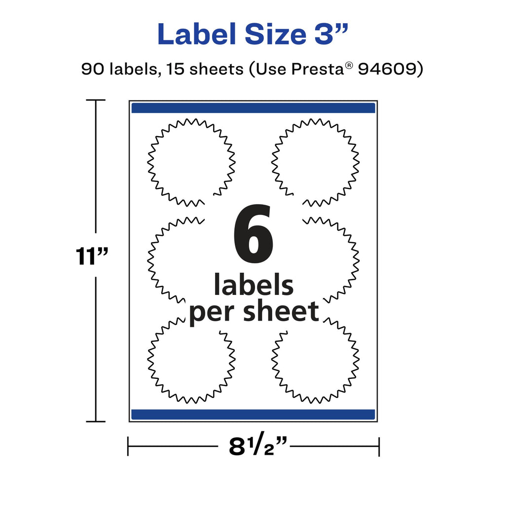Avery® Matte White Removable Starburst Labels, Sure Feed® Technology, Print-to-The-Edge, 3", 90 Removable Labels, Laser/Inkjet Printable 90 labels