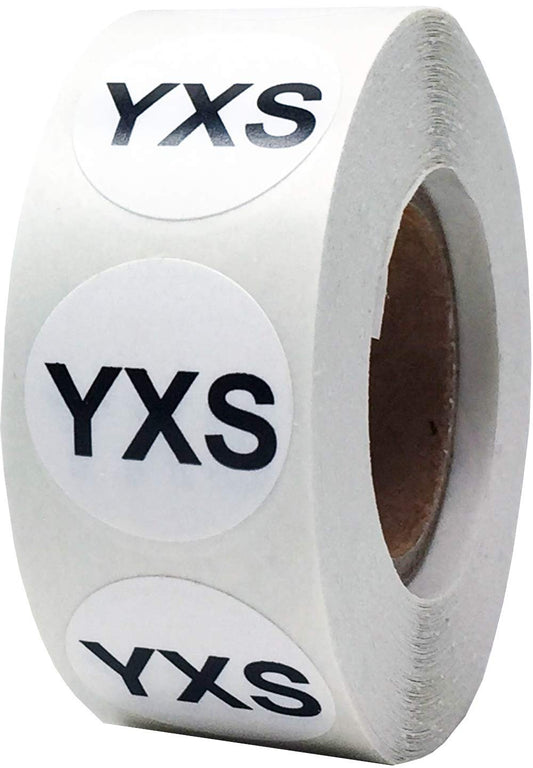 White Circle Youth Extra Small YXS Clothing Size Stickers - 3/4 Inch Round, 500 Adhesive Labels Per Roll for Retail Apparel, Clothing Organization, and Inventory - Made in The USA
