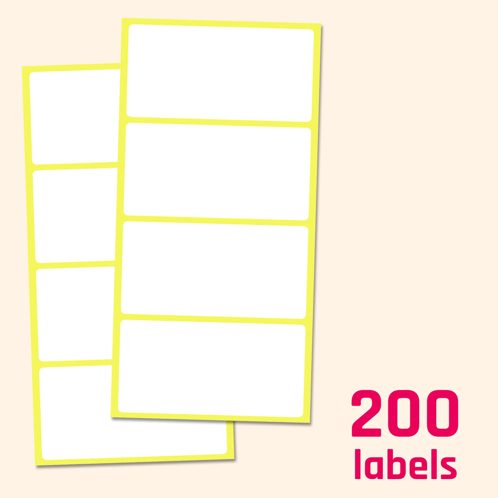 Set of 200 matte white all-purpose labels for storage bins, 4x2 inches, by TownStix, shown on a storage container.