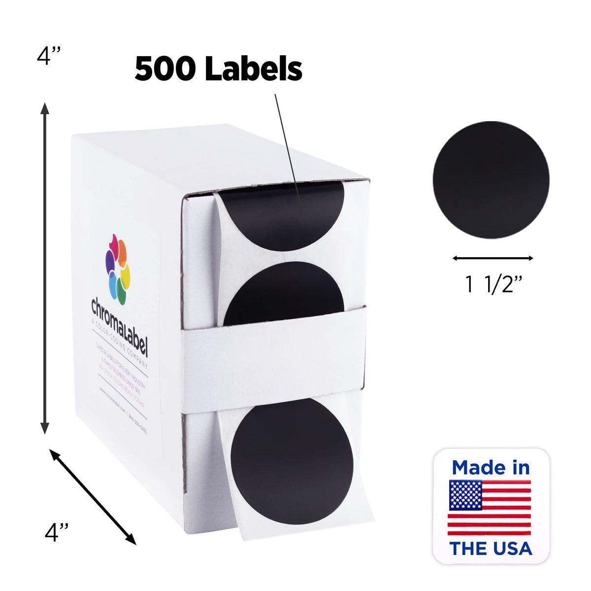 ChromaLabel 1.5 Inch Black Dot Stickers Writable 500/Box 1.5" Diameter