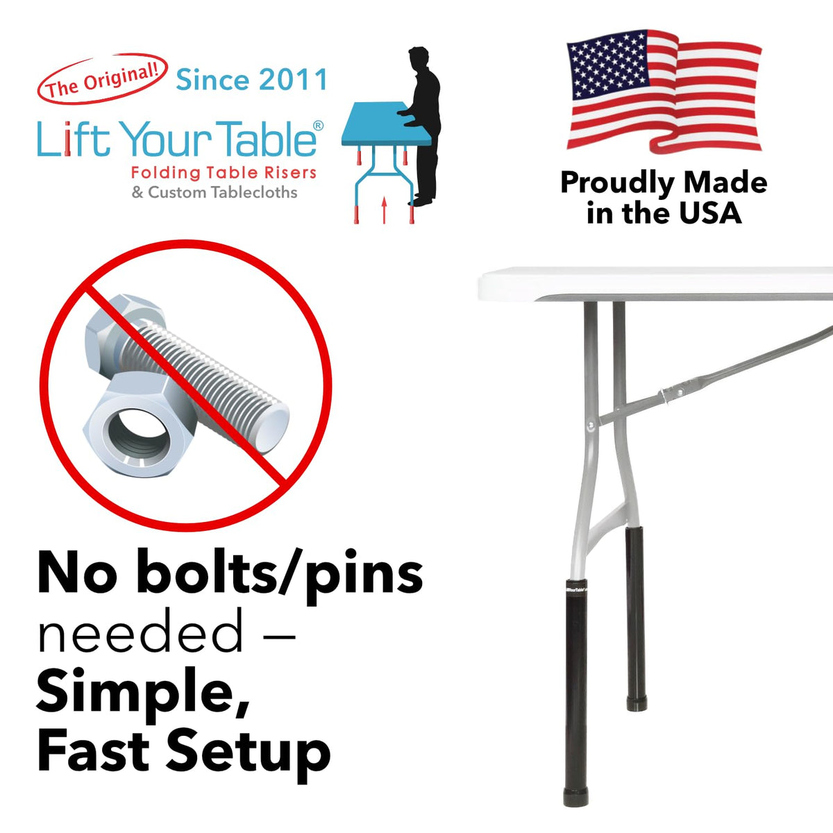 Lift Your Table® Folding Table Risers - Bar Height (Movable Foot) - Made in the USA, Heavy Duty, Sturdy, Portable, Easy-to-Use Extensions Raise Bent Leg Folding Tables (Set of 4) Bar Height (Movable Foot)
