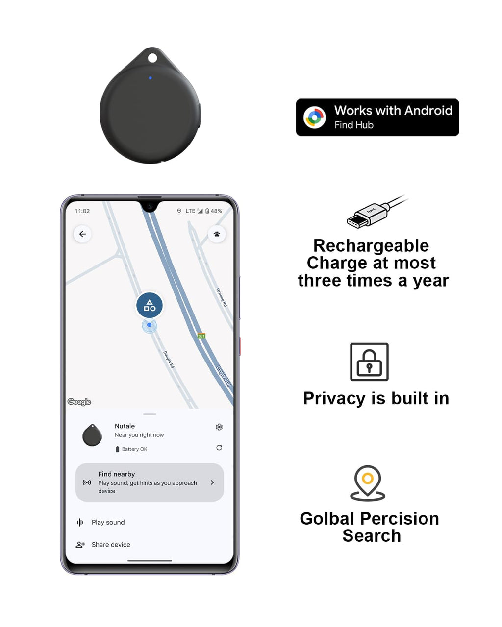 Bluetooth Android Tracker Tags,USB-C Rechargeable Key Finder(4Black) Black