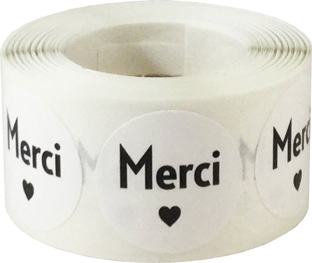 Merci French Thank You White Adhesive Stickers 1 Inch Round Circle Dots 500 Labels Per Roll