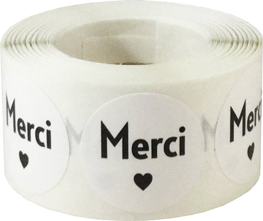 Merci French Thank You White Adhesive Stickers 1 Inch Round Circle Dots 500 Labels Per Roll