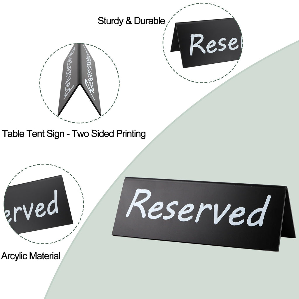 6 Pack Acrylic Reserved Table Signs for Wedding Party Restaurant - Double Sided Reserved Tent Sign for Tables Chairs - Wedding Accessories Guest Reservation Sign - 7.9 x 2.7 Inches - Black White Words Black Background