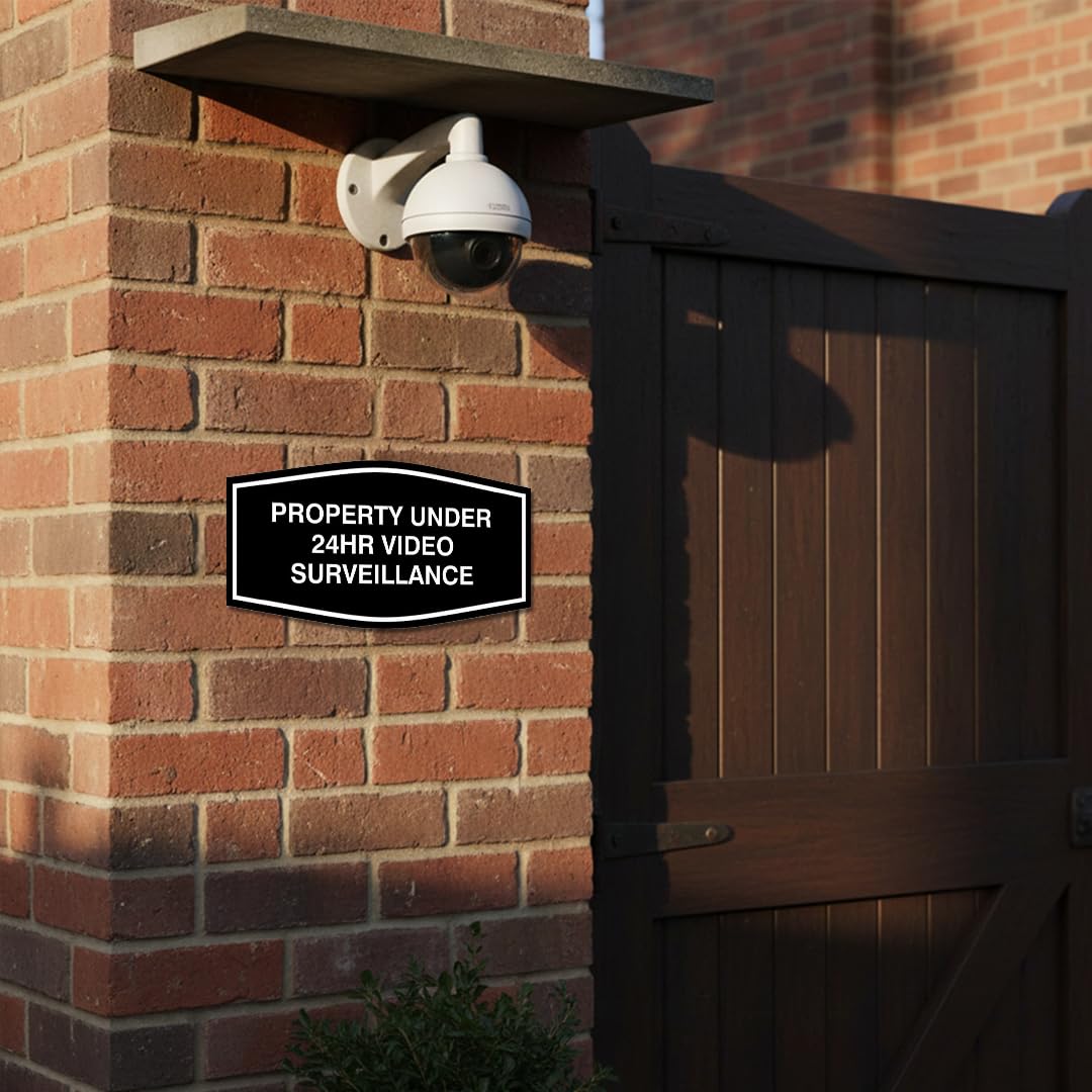 All Quality Fancy Property Under 24Hr Video Surveillance Sign | Property Security Sign with Easy Installation | 24/7 Security Monitoring (Brushed Gold) - Medium 5 Pack 7 x 3.5" - Med (5 Pack) Brushed Gold