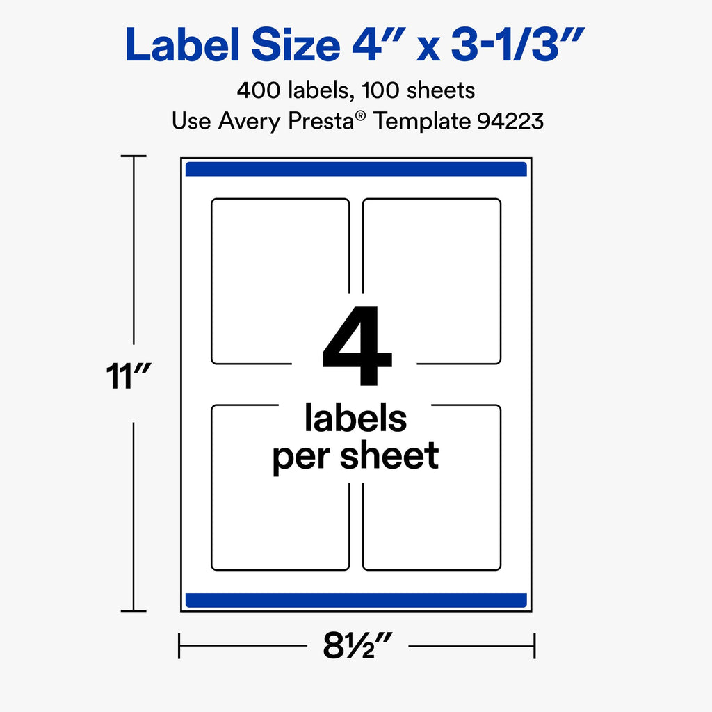 Avery® Matte White Rectangle Labels, 4" x 3-1/3", 400 Total 400 labels