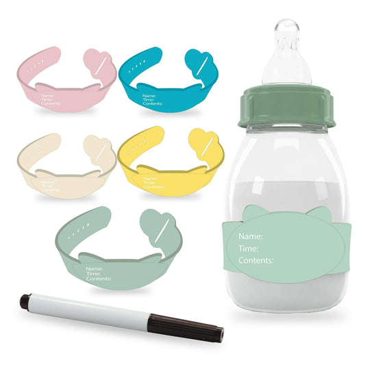 Adjustable Silicone Baby Bottle Labels with Claps- Reusable-Great for Day Care-Diswasher Safe- Waterproof- Essentials- Silicone Labels Open with Claps- Adjustable for Bottles
