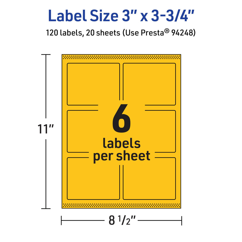 Avery Printable Rectangle Labels, Sure Feed Technology, 3" x 3-3/4", Bright Yellow Labels, Print-to-The-Edge, Laser/Inkjet Printable, 120 Total, Great for Candles and Ingredients 120 labels