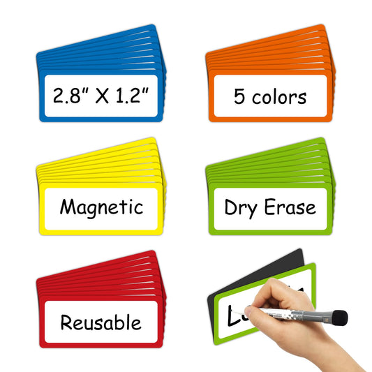 Colored Border Magnetic Labels 2.8x1.2 Inch 40 Pieces, Reusable Magnetic Dry Erase Labels for Whiteboards, Locker, School, Classroom, Office, Home Colored Border 2.8 x 1.2 Inch