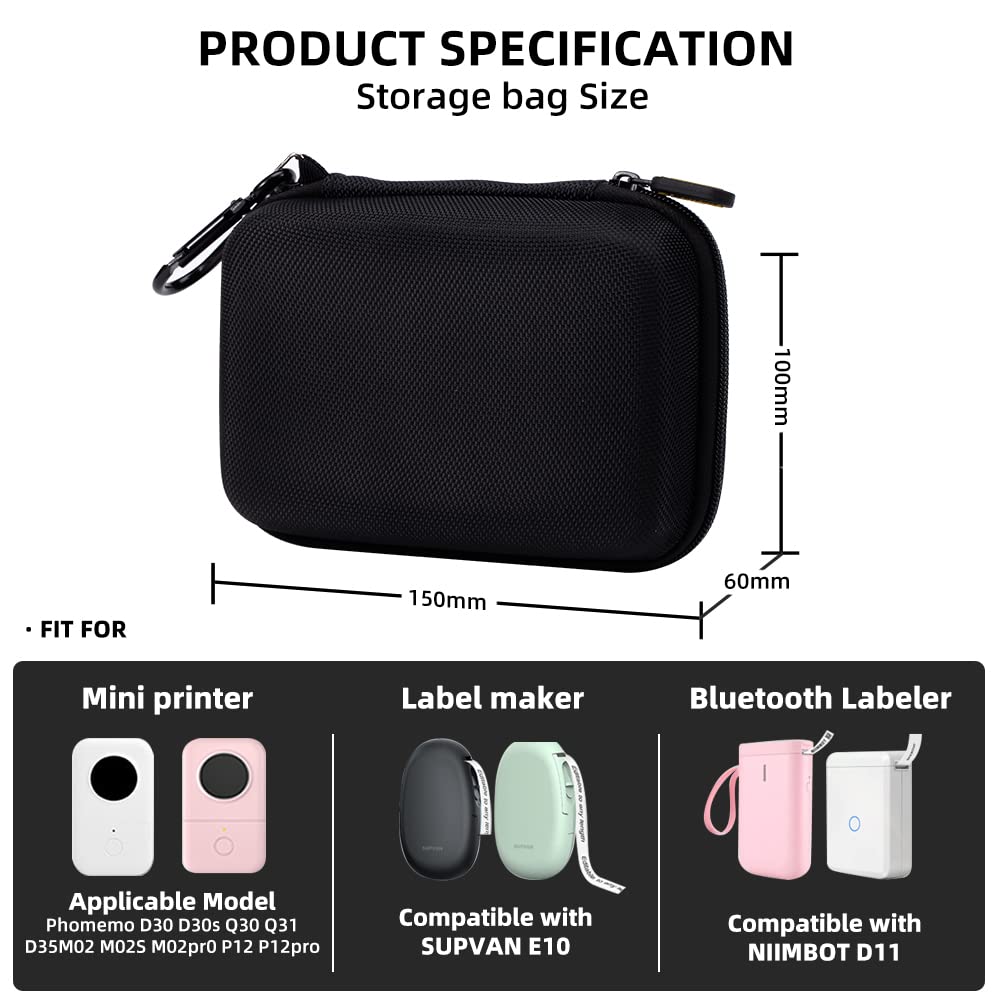 Phomemo D30 D35 Label Marker Black Case with 3 Rolls of White Label Tapes, Waterproof Storage Bag with 12 x 40mm (3/8" x 11/2") 160 Tapes/Roll, Black on White Sticker Thermal Paper Self-Adhesive