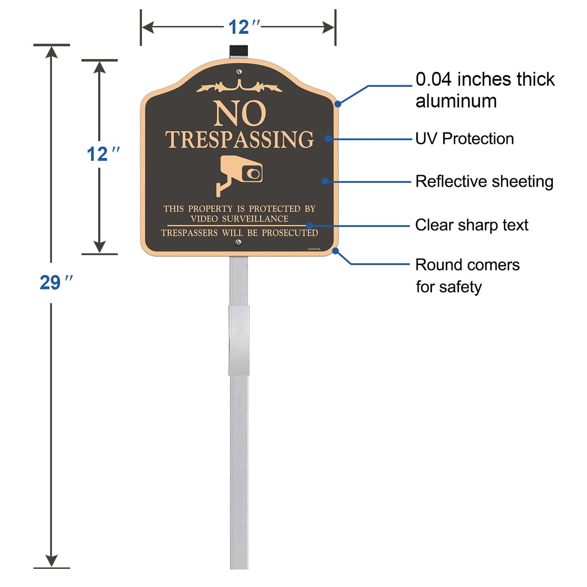 (2 Pack) Large No Trespassing Sign, Video Surveillance Signs Outdoor, Reflective, Metal, Aluminum, Includes Metal Yard Stakes for Easy Installation, 12x12 Inches