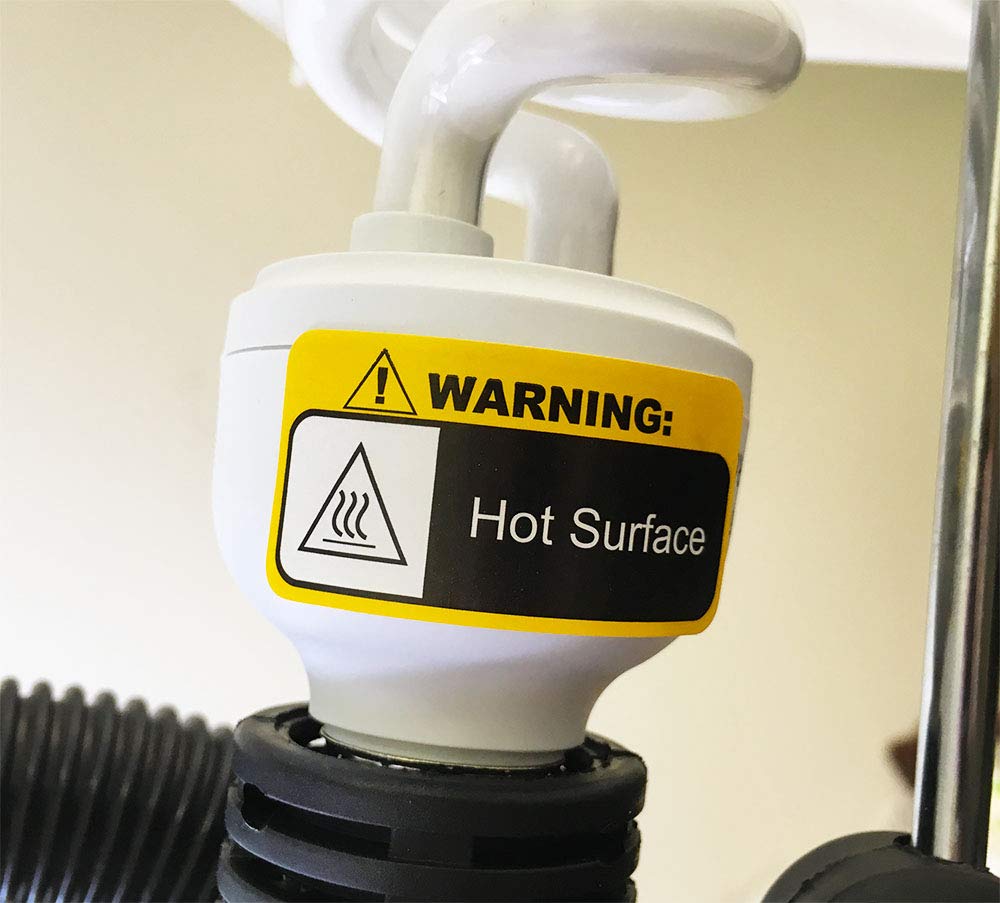 Warning hot surface labels, 1 x 2 inch adhesive stickers for shipping and handling, featuring clear hot surface warning text.