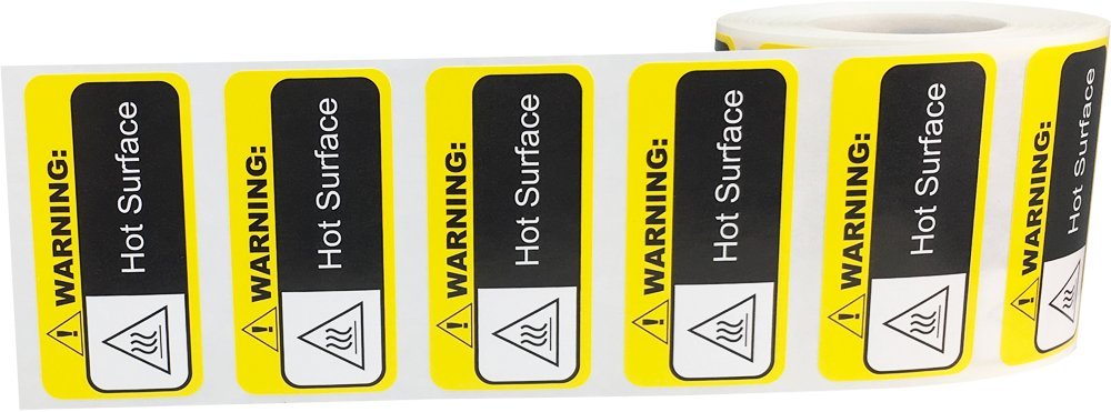 Warning hot surface labels, 1 x 2 inch adhesive stickers for shipping and handling, in stock labels brand, shown in image.