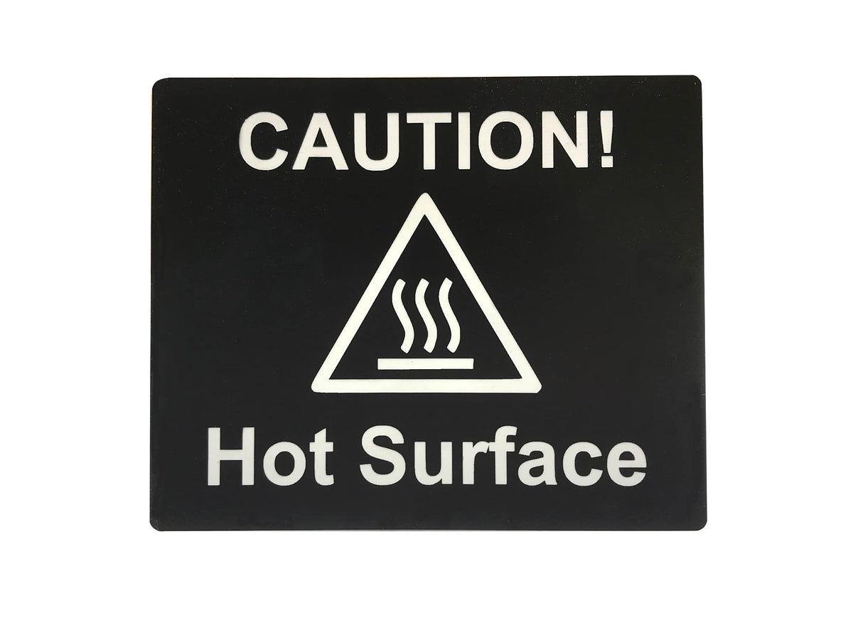 Caution Hot Surface Sign, Adhesive, Sticker, Notice - engraved with Universal Icon Symbol and Text (Size 12cm x 10cm) (Black)