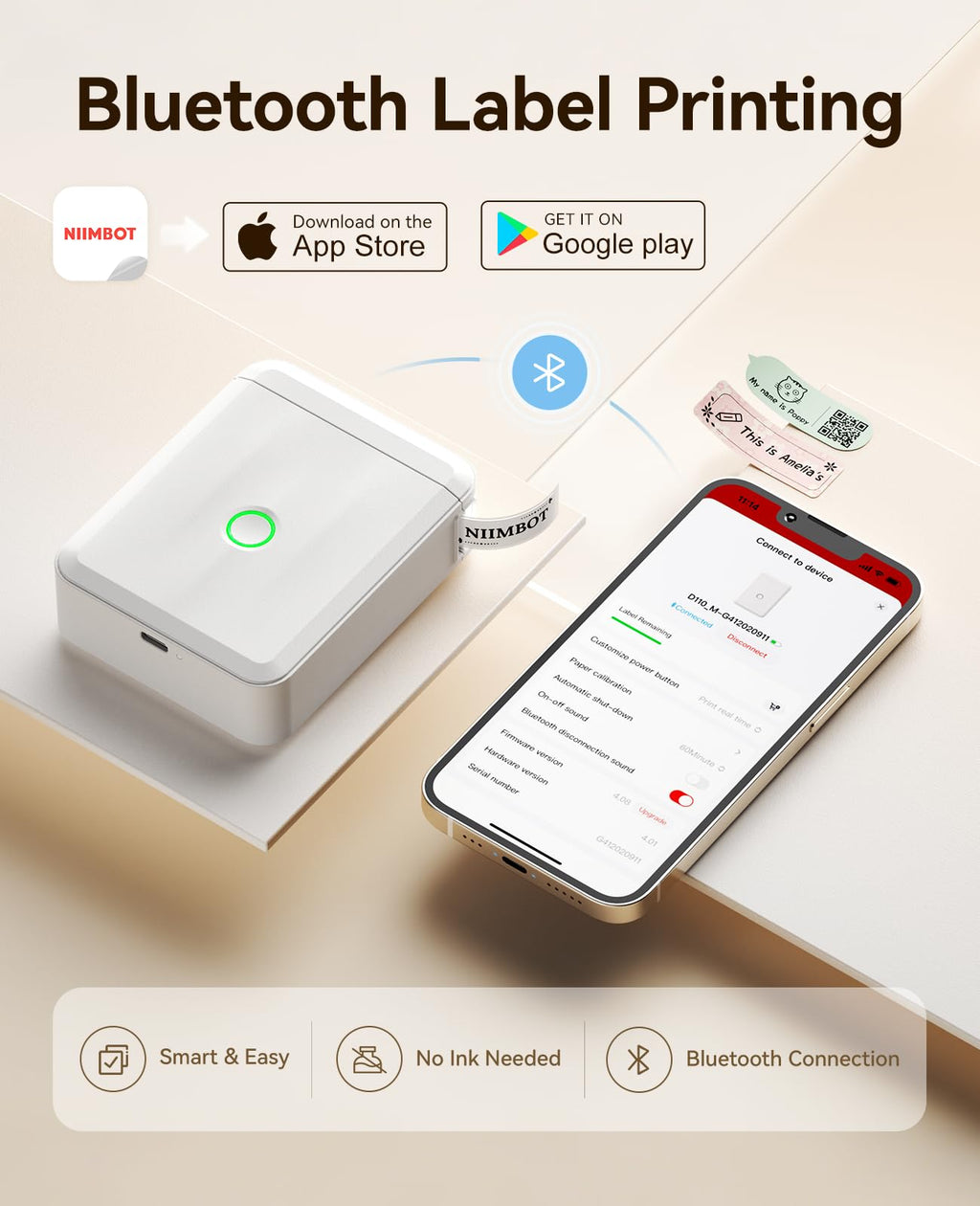 NIIMBOT D110 Upgrade Mini Label Maker, Bluetooth Thermal Printer for Daily White Label Machine with 1 Label Tape
