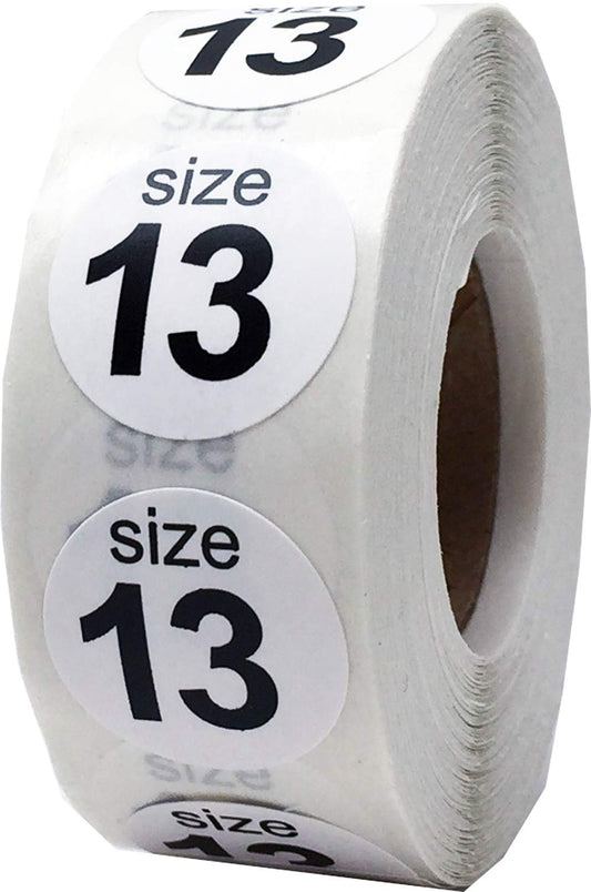 Shoe Size 13 White Stickers - 3/4 Inch Round, 500 Semi-Gloss Adhesive Labels Per Roll for Retail, Footwear Inventory, and Organization - Made in The USA White Size 13
