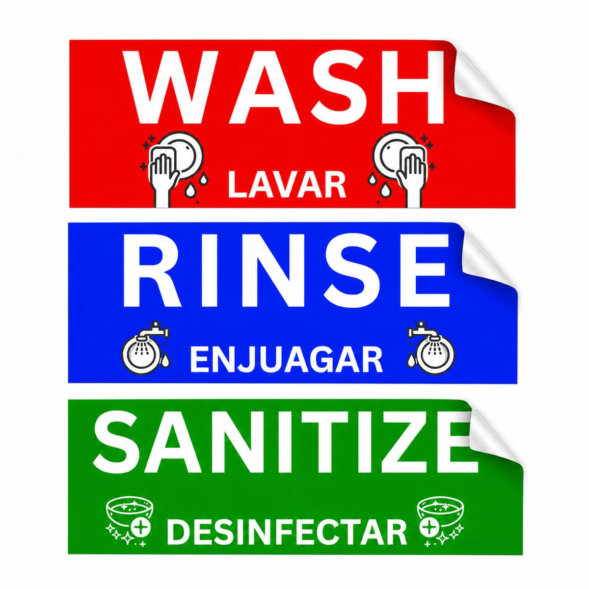 Wash Rinse Sanitize Sink Labels, Commercial Stickers for Triple Sink, Set of 3 Stickers, 7x3 Inches, 1 Set