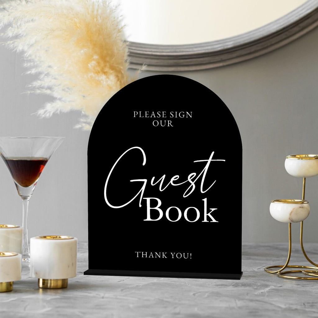 Black Arch Acrylic Guest Book Sign with Stand 8"x10"