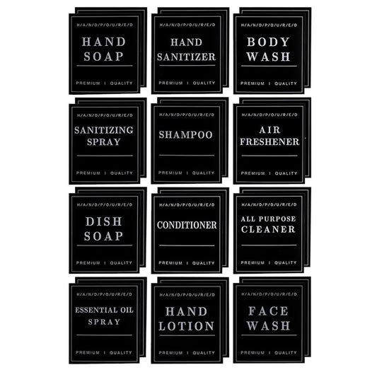 24 PCS Black Waterproof Labels for Bottles, Shampoo and Conditioner Dispenser Label Stickers, Bathroom Hand Soap Label Stickers,Removable Cleaning Labels for Glass/Plastic Spray Bottle
