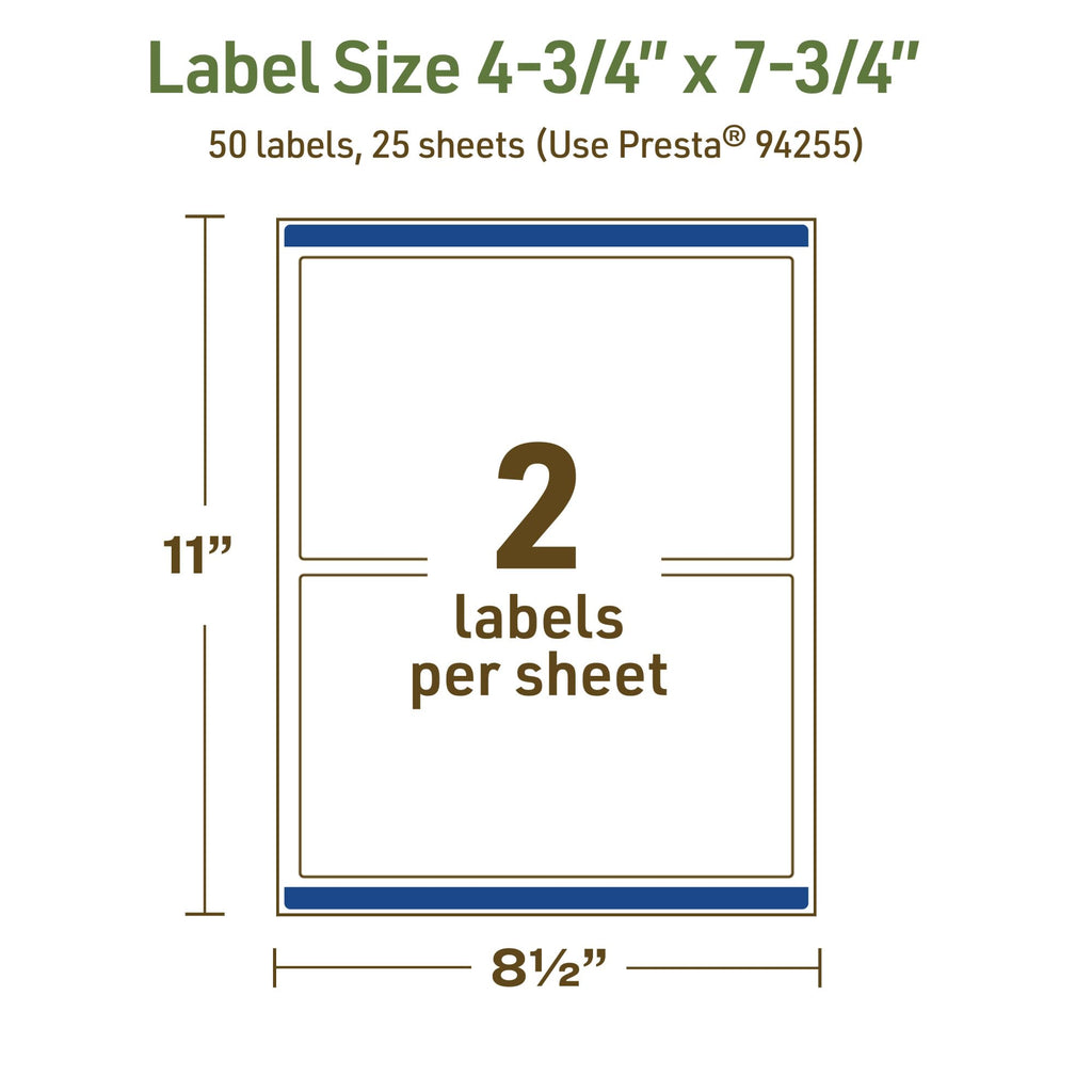 Avery Dissolvable Rectangle Labels, Sure Feed Technology, 4.75" x 7.75", Matte White, Print-to-The-Edge, Laser/Inkjet Printable, 50 Labels Total