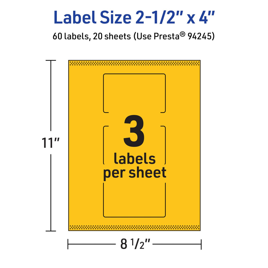 Avery® Printable Rectangle Labels, Sure Feed® Technology, 2-1/2" x 4", Bright Yellow Labels, Print-to-The-Edge, Laser/Inkjet Printable, 60 Total, Great for Candles and Ingredients 60 labels