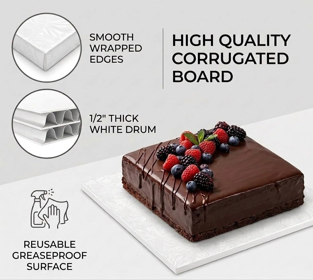 12 Inch Premium White Square Cake Drum, Waterproof and Greaseproof, 1/2 inch Thick, Pack of 5