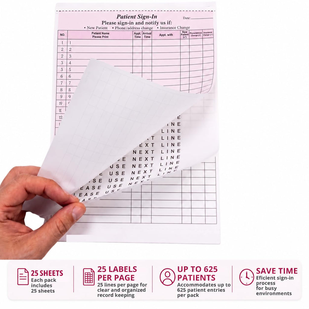 NextDayLabels Patient Sign-in Sheet, 3-Part, Made in USA, Burgundy, 25 Sets