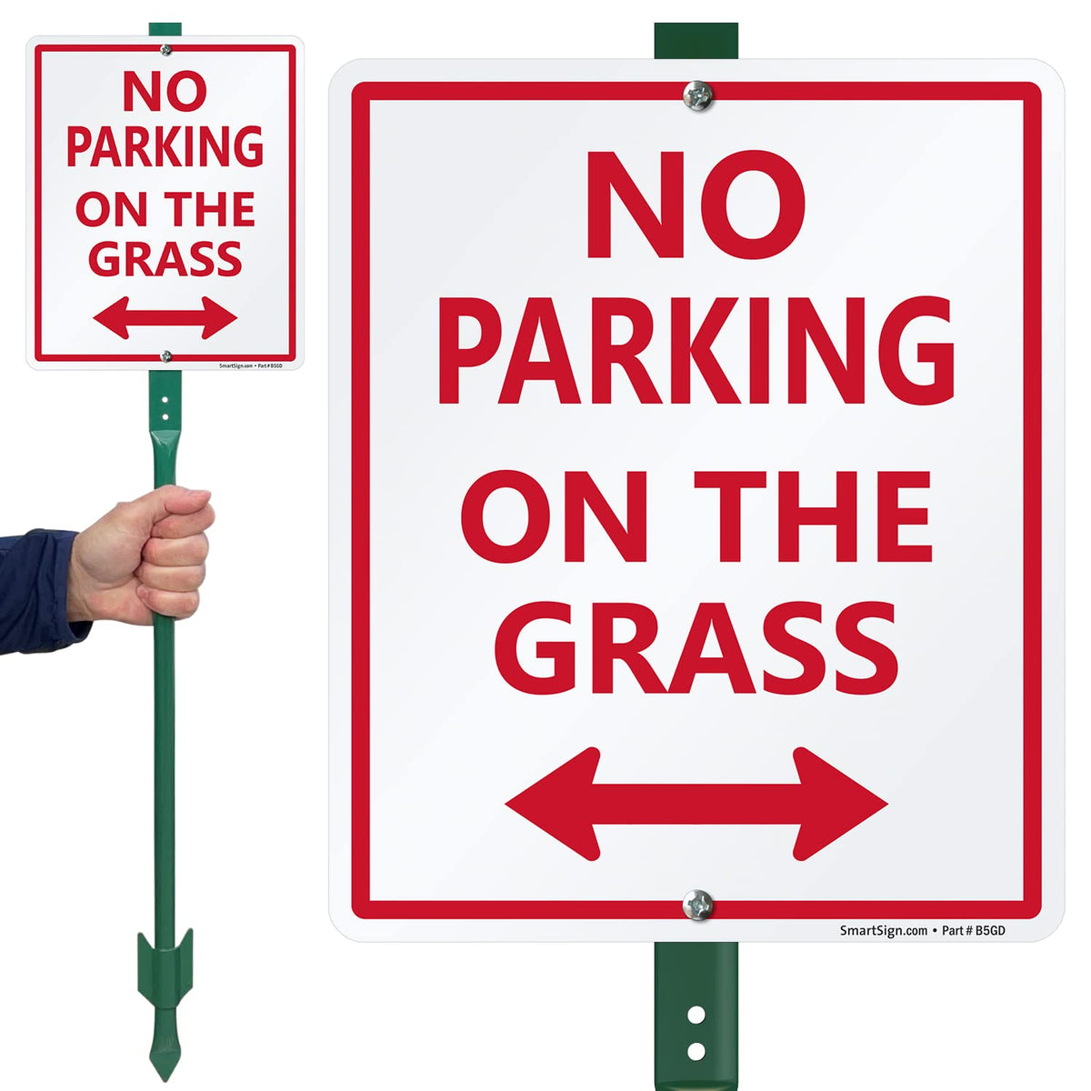 SmartSign 12 x 10 inch “No Parking On The Grass” Arrow Yard Sign with 3 foot Stake, 40 mil Laminated Rustproof Aluminum, Red and White, Set of 1