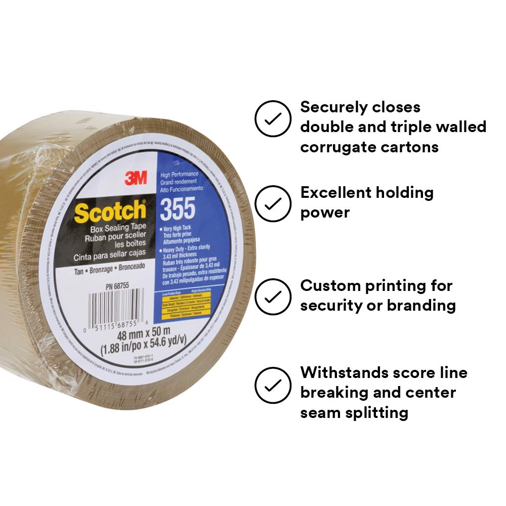 3M Scotch 355 Industrial-Grade Packing Tape, Tan, 48 mm x 50 m, High Performance Sealing Tape for Heavy-Duty Commercial Packaging, Shipping, Moving, Carton and Box Sealing, 1 Pack