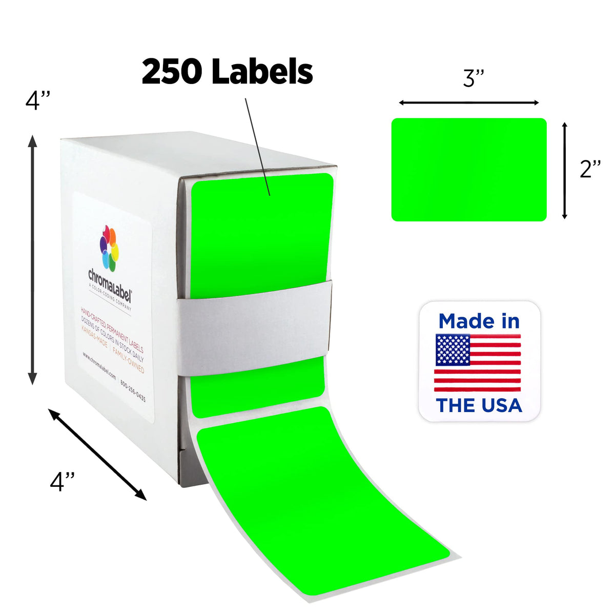 ChromaLabel fluorescent green 2x3 inch all-purpose permanent color code rectangle labels, 100 stickers per dispenser box