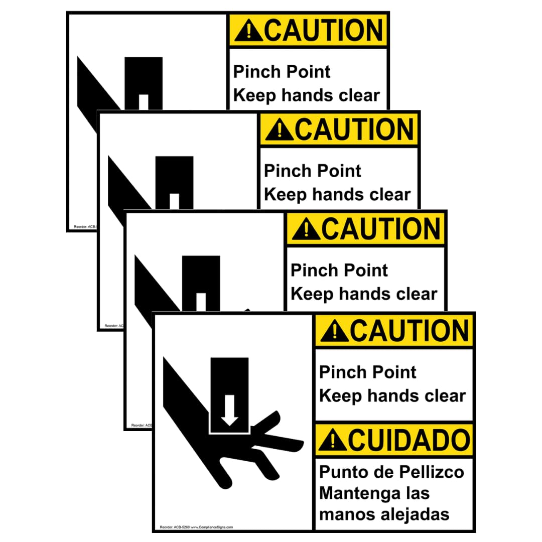 ComplianceSigns.com CAUTION Pinch Point Keep Hands Clear ANSI Bilingual Safety Label Decal, 5x3.5 inch 4-Pack Vinyl for Machinery